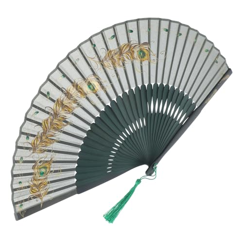 GALPADA Vintage Handfächer mit Pfauenfeder Muster Doppelseitiger Stoff Faltfächer mit Quaste Handfächer für Damen Tanz und Party Fächer im Chinesischen Stil Tragbar und Elegant von GALPADA