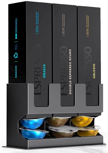 GALVANOX Kapselspender für Nespresso-Vertuo-Kapseln (3 Boxhüllenhalter), freistehender Arbeitsplatten-Organizer, rutschfester Stahlboden, spendet 3 Kaffee-Aromen (30 Vertuoline-Kapseln) von GALVANOX