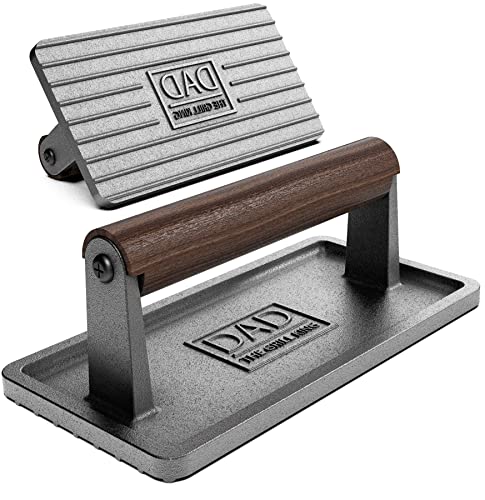 SOHO Grillgeschenk für Papa, BBQ Gusseisen Grillpresse für Smash Burger, Hamburger, Fleisch, Speck (1,2 kg) Kochgewicht mit Holzgriff für Weihnachten/Geburtstag "Dad The Grill King" (Geschenkbox) von GALVANOX