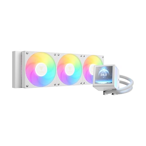 GAMDIAS CHIONE P5 360-mm-AIO-CPU-Wasserkühler, Drehbares Magnetisches 3,4-Zoll-IPS-LCD-Display, Anpassbare Software, Verstecktes Kabeldesign, ARGB-PWM-Lüfter, MB Sync, Intel LGA 1851, AMD AM5, Weiß GAMDIAS CHIONE P5 360-mm-AIO-CPU-Wasserkühler, Drehbares Magnetisches 3,4-Zoll-IPS-LCD-Display, Anpassbare Software, Verstecktes Kabeldesign, ARGB-PWM-Lüfter, MB Sync, Intel LGA 1851, AMD AM5, Weiß von GAMDIAS