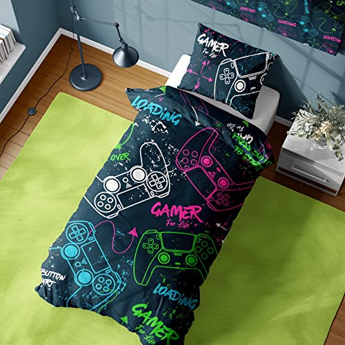 Gamer Bettwäsche-Set für Einzelbett – Neon-Gaming-Controller-Design – wendbares Bettwäsche-Set – Polycotton von GAMER