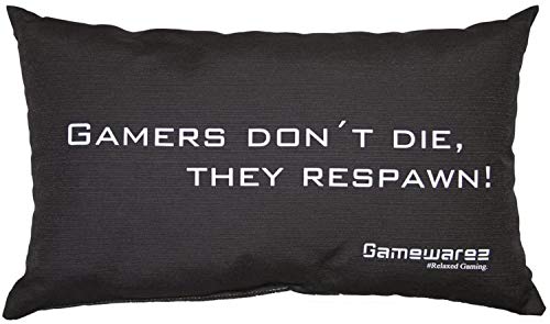 GAMEWAREZ Kissen "Gamers don't die, they Respawn" für Wohn- und Schlafzimmer, Reisekissen, Made in Germany. Grau meliert mit angesagtem Gaming-Spruch von Gamewarez