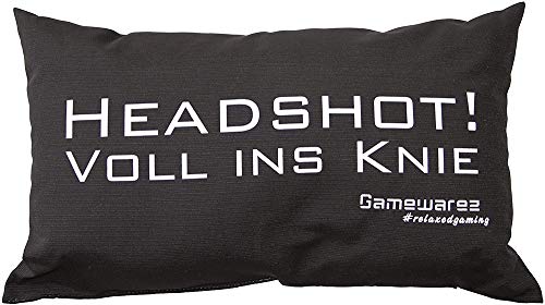 GAMEWAREZ Kissen "Headshot! Voll ins Knie" für Wohn- und Schlafzimmer, Reisekissen, Made in Germany. Grau meliert mit angesagtem Gaming-Spruch von GAMEWAREZ