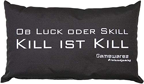 GAMEWAREZ Kissen "Ob Luck ob Skill, Kill bleibt Kill" für Wohn- und Schlafzimmer, Reisekissen, Made in Germany. Grau meliert mit angesagtem Gaming-Spruch von GAMEWAREZ