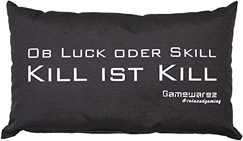 GAMEWAREZ Kissen "Ob Luck ob Skill, Kill bleibt Kill" für Wohn- und Schlafzimmer, Reisekissen, Made in Germany. Grau meliert mit angesagtem Gaming-Spruch von Gamewarez