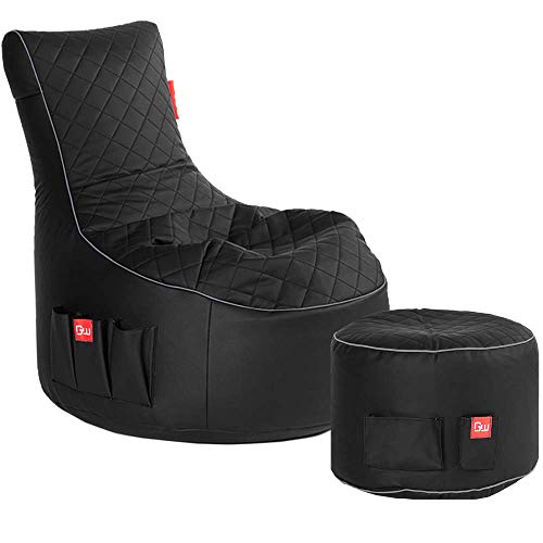 GAMEWAREZ Cosmic Hurricane 2.0 Bundle – Set aus Gaming-Hocker und Gaming-Sitzsack, mit Seitentasche & Headset-Halter, Kunstleder, Made in Germany, schwarz-grau von Gamewarez