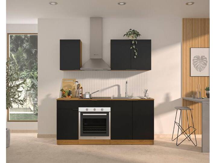 Gami Küchenzeile Küchenzeile 180 EDEN, mit melaminbeschichteter Oberfläche, robust und pflegeleicht, schwarz, Küchenmodul : Eiche Helvezia Nachbildung-Türen, Fronten : Schwarz-Vormontierte Module mit Seitenwänden von GAMI