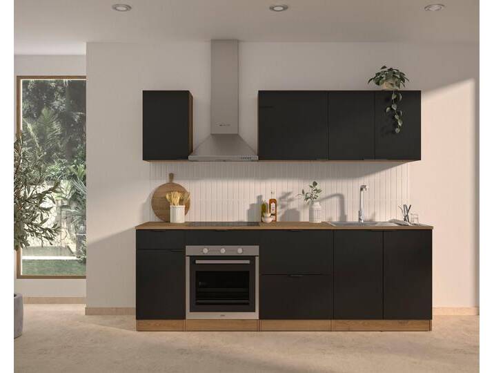 Gami Küchenzeile Küchenzeile 240 EDEN, mit melaminbeschichteter Oberfläche, robust und pflegeleicht, schwarz, Küchenmodul : Eiche Helvezia Nachbildung-Türen, Fronten : Schwarz-Vormontierte Module mit Seitenwänden von GAMI