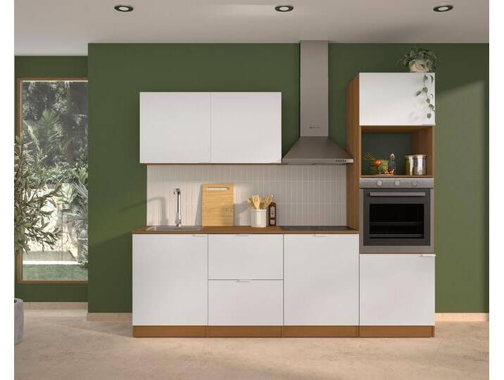 Gami Küchenzeile Küchenzeile 240 EDEN, mit melaminbeschichteter Oberfläche, robust und pflegeleicht, weiß, Küchenmodul : Eiche Helvezia Nachbildung-Türen, Fronten : Weiss-Vormontierte Module mit Seitenwänden von GAMI
