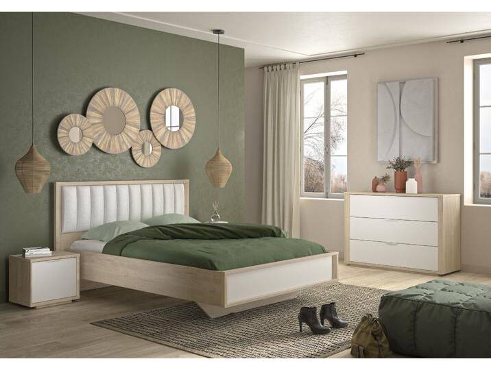 Schlafzimmer-Set GAMI MANAE SET , braun (kastanie natur nachbildung), ohne Matratze, B/H: 140cm x 200cm, Spanplatte, Schlafzimmermöbel-Sets, Stoff-Kopfteil von GAMI