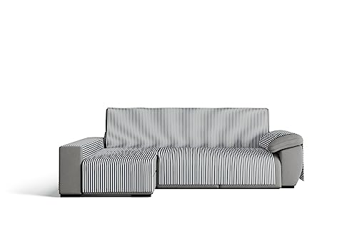 GAMUSI Sofaüberwurf aus Baumwolle, Chaiselongue, 240 cm, links (bis zu 270 cm breit), gestreift, Hellgrau von GAMUSI