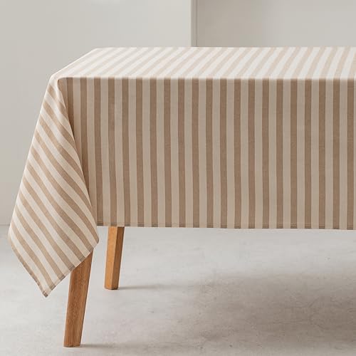 GAMUSI Tischdecke, rechteckig, gestreift, beige, wasserdicht, 100 % Baumwolle, waschbar, innen und außen, 140 x 100 cm von GAMUSI