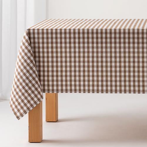 GAMUSI Tischdecke, schmutzabweisend, rechteckig, Vichy, Baumwolle, wasserdicht, 140 x 300 cm, Taupe von GAMUSI