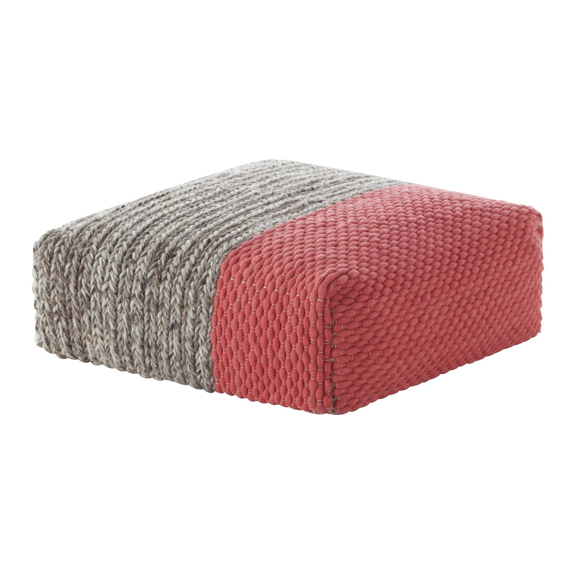 GAN - Mangas Space Square Pouf - koralrot/grau geflochten/100% Wolle/Füllung: Polystyrol & Schaumstoff/LxBxH 90x90x30cm von GAN