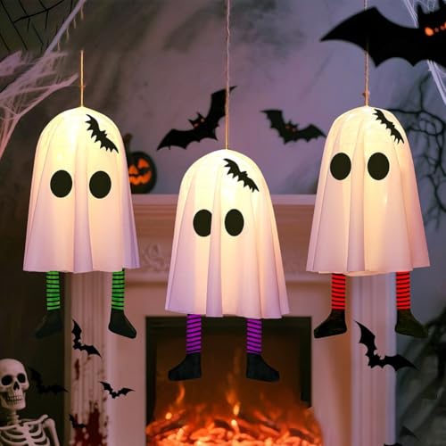 GANCEI 3er-Pack leuchtende Halloween-Geister zum Aufhängen, Outdoor-Dekorationen mit LED-Lichtern und 3 blinkenden Modi für Garten, Hof, Bäume oder Spukhaus-Szenen im Innenbereich (elektronisch) von GANCEI