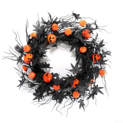 GANCEI 50 cm Halloween-Kranz aus künstlichen Zweigen mit schwarzen und orangen Kürbissen für drinnen und draußen, Haustür, Herbstdekoration von GANCEI