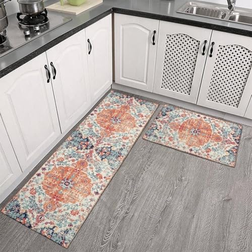 GANCEI Küchenteppich-Set, Matten, Teppich-Set, gepolstert, Anti-Ermüdung, Küchenläufer, 2er-Set, rutschfeste, wasserdichte Polyester-Matten (Blumen und Farben) von GANCEI