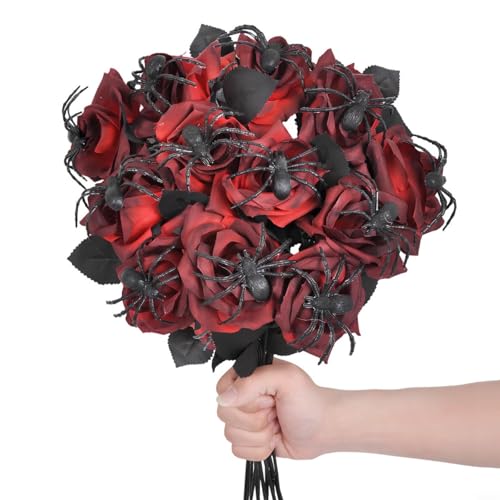 GANCEI Künstliche Rosen mit künstlicher Spinne, 10 Stück, Gothic-Blumen aus Seide, für Halloween, Party, Weihnachten, Hochzeit, Zuhause, Hotel, Dekoration (rot) von GANCEI