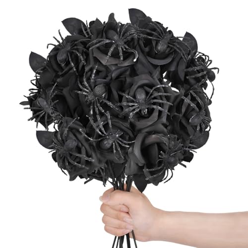 GANCEI Künstliche Rosen mit künstlicher Spinne, 10 Stück, Gothic-Blumen aus Seide, für Halloween, Party, Weihnachten, Hochzeit, Zuhause, Hotel, Dekoration (schwarz) von GANCEI
