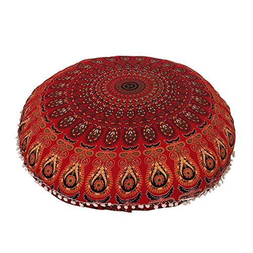 Ganesham Rundes Dekokissen im indischen Boho-Stil, Mandala, Tapisserie, Hippie, Rund, Sitzhocker, Ottoman, Mandala-Bodenkissen, 81 x 81 cm 80 cm rot von KLAVATE