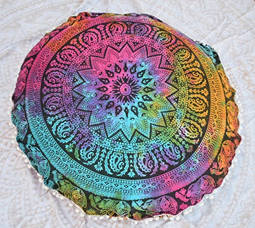 Ganesham Rundes Dekokissen im indischen Boho-Stil, Mandala, Tapisserie, Hippie, Rund, Sitzhocker, Ottoman, Mandala-Bodenkissen, 81 x 81 cm 80 cm multi von GANESHAM