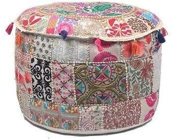Ganesham Indian Home Decor Hippie Patchwork Sitzsack Boho Bohemian handbestickt ethnisch handgefertigt Pouf Ottomane Vintage Baumwolle Bodenkissen & Kissen (33 cm H x 45,7 cm) Durchmesser (weiß) von GANESHAM