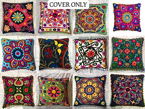 GANESHAM Indischer Designer Home Decor Floral Baumwolle Kissenbezug Bohemian Throw Pillow Cover Handbestickt Suzani Kissenbezug Couchkissen (10) von GANESHAM