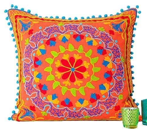 GANESHAM Indischer Kissenbezug mit Blumenmuster, Baumwolle, handbestickt, für Sofa und Couch, handgefertigt, Orange von GANESHAM