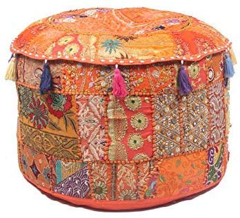 GANESHAM Indischer Sitzsack, Hippie-Patchwork-Design, Boho, Bohemian, handbestickt, ethnisch, handgefertigt, Pouf, Ottoman, Vintage, Baumwolle, Bodenkissen & Kissen (56 cm Durchmesser) von GANESHAM