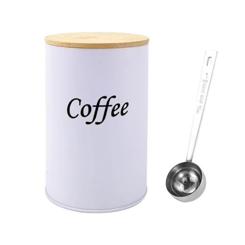 GANILITY Kaffeedose Luftdicht, Kaffeebohnen Behälter mit Löffel, Eisen Kaffeedose mit Holzdeckel, Kaffeebohnen Aufbewahrung, Vorratsbehälter (Weiß) von GANILITY
