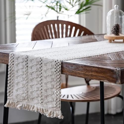 Beige Makramee Tischläufer, 30 x 120cm Makramee Tischläufe, Boho Deko, Boho Deko Tischläufer mit Quasten, für Hochzeit und Esstisch Dekorativer Tischläufer, Beige von GANILITY