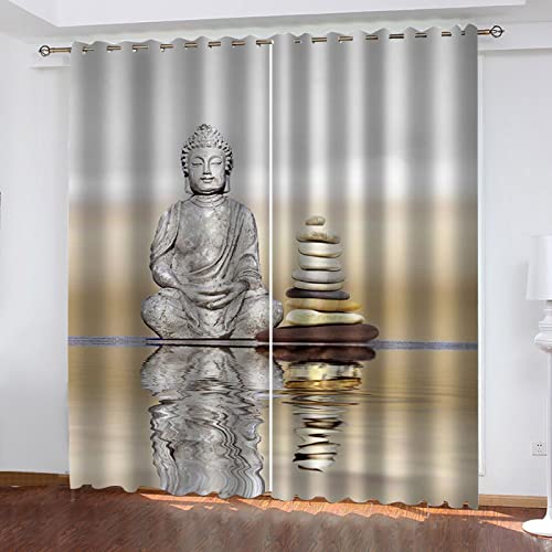 GANKAS Vorhänge Wohnzimmer Modern Blickdicht 2Er Set 3D Buddha-Kunst Muster Schlaufenschal Verdunkelungsvorhang Vorhänge Lärmminderung Gardinen Fensterdekoration 210X264cm(HxB) von GANKAS