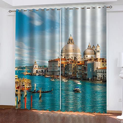 Verdunkelungsvorhang Ösen 2 Stück 160X210cm(HxB) Gardinen Mit Kälteschutz & Wärmeisolierend Wohnzimmer 3D Wasserstadtlandschaft Von Venedig Muster Thermovorhänge Für Modern Schlafzimmer Kinderzimmer von GANKAS