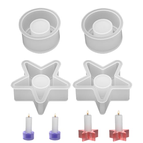 4 Stück Silikonform Kerzenhalter DIY Gießform Kerzenhalter, Harz Epoxid Gießform Kerzenhalter, Rund silikon formen zum gießen für Stabkerzen und Teelichter(Stern,Kreis) von GANMFOYC