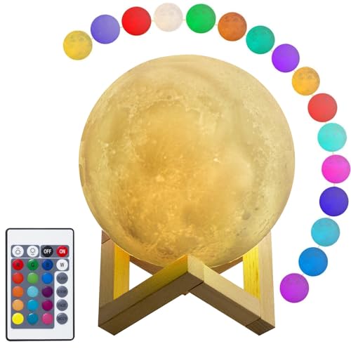 GAO Mondlampe - mit Fernbedienung 16 Farben Mondlicht mit Holzsockel Maße: 18 cm wiederaufladbar & dimmbar Touch LED verschiedene Farbmodi mit Akku USB von GAO