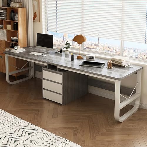 GAOCUNBING Computertisch, Doppel-Arbeitsplatz-Schreibtisch mit Schubladen, Holz-Schreibtisch, moderner Doppel-Bürotisch, extra langer Computertisch für Heimbüro (Grau, 200 cm) von GAOCUNBING