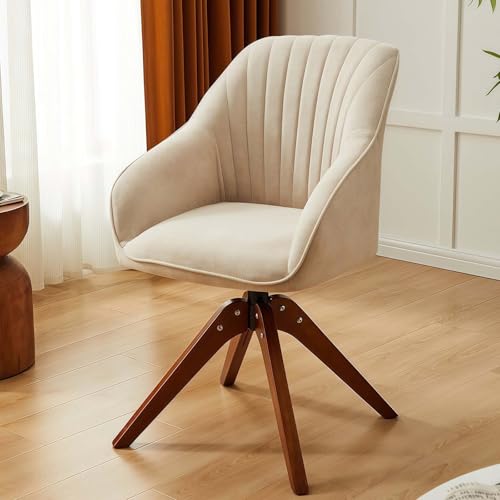 GAOCUNBING Esszimmerstuhl, 360° drehbar, Schreibtischstuhl, Mitte des Jahrhunderts, moderner Baumwollfaser-Akzentstuhl mit Holzbeinen, für Schlafzimmer, Wohnzimmer, Büro, Weiß, 4 Stück von GAOCUNBING