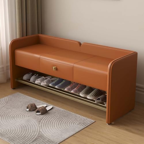 GAOCUNBING Schuhregal für den Eingangsbereich, Bank mit gepolstertem Kunstledersitz und Schubladen mit Aufbewahrungsschuhregal, Anti-Rutsch-Fußpolster-Design für Wohnzimmer, Schlafzimmer, Orange, 120 von GAOCUNBING