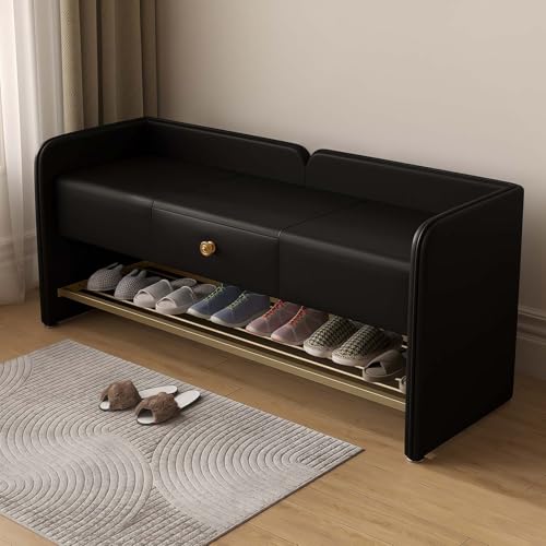GAOCUNBING Schuhregal für den Eingangsbereich, Bank mit gepolstertem Kunstledersitz und Schubladen mit Aufbewahrungsschuhregal, Anti-Rutsch-Fußpolster-Design für Wohnzimmer, Schlafzimmer, Schwarz, 120 von GAOCUNBING