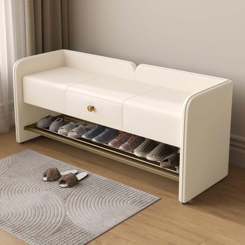 GAOCUNBING Schuhregal für den Eingangsbereich, Bank mit gepolstertem Kunstledersitz und Schubladen mit Aufbewahrungsschuhregal, Anti-Rutsch-Fußpolster-Design für Wohnzimmer, Schlafzimmer, Weiß, 120 cm von GAOCUNBING