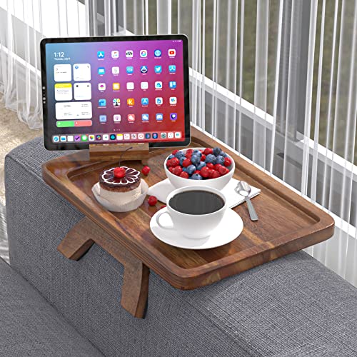 GAOHANG Sofatablett Akazienholz Sofatablett Armlehne mit drehbarem Halter, Clip On Couch Ablage Anti-Rutsch Holz Couch Tablett Armlehne für Snacks, Handy, Steuerung, Tassen, 13.8 x 9.5 inch von GAOHANG