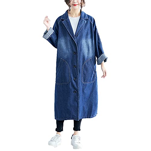 GAOHONGMEI Damen Denim Windjacke Lange Jacken Revers Casual Trench Coat Beunruhigte Lose Jean Jacke Cardigan Outwear Tops Dark Blue-One Size von GAOHONGMEI