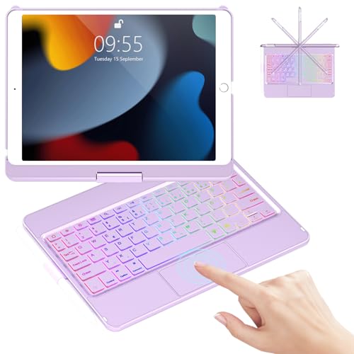 Tastatur Hülle für iPad 9/8/7 Generation 2021/2020/2019 10.2 Zoll, 360° Drehbare Touchpad T-astatur mit 7 Farbige Beleuchtung, Deutsches QWERTZ-Layout Bluetooth Tastatur mit Pencil Halter(Hellviolett) von GAOJIE