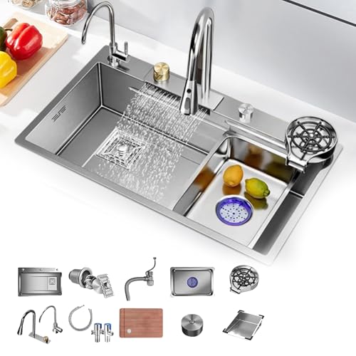 Spülbecken Küchenspüle Wasserfall Küchenspüle Multifunktional Küche Spüle Raindance Spülbecken Nano Edelstahl Waschbecken mit Ausziehbare Wasserhähne Tassenwaschmaschine 75 * 45 * 21cm von GAOJYLF