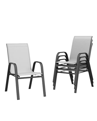 4 Stück Patio Stapelstühle Set Outdoor Stapelstühle Esszimmerstühle Freizeit Relaxsessel Atmungsaktives Textil- und Metallgestell mit Armlehnen für Pools, Deck, Hinterhof, Grau von GAOMON