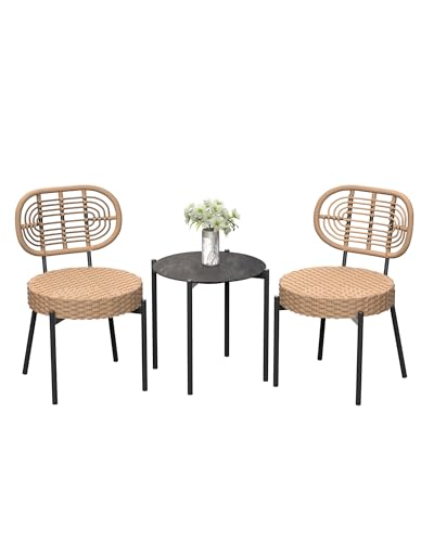 GAOMON 3 Stück Rattan Patio Bistro Möbel Set Outdoor Esszimmerstühle Inklusive 2 Rattanstühlen und Tisch aus gehärtetem Glas für Garten, Hinterhof, Balkon, Wohnung, Schwarz & Braun von GAOMON