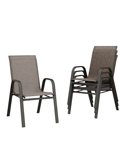 GAOMON 4 Stück Patio Stapelstühle Set Outdoor Stapelstühle Esszimmerstühle Freizeit Relaxsessel Atmungsaktives Textil- und Metallgestell mit Armlehnen für Pools, Deck, Hinterhof, Braun von GAOMON