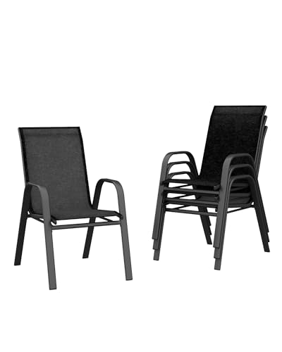GAOMON 4 Stück Patio Stapelstühle Set Outdoor Stapelstühle Esszimmerstühle Freizeit Relaxsessel Atmungsaktives Textil- und Metallgestell mit Armlehnen für Pools, Deck, Hinterhof, Schwarz von GAOMON