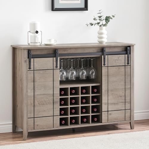 GAOMON Bauernhaus-Buffetschrank mit Schiebetür, rustikales Sideboard, Abnehmbares Weinregal, Bauernhaus-Sideboard mit verstellbarer Ablage für Esszimmer, Küche (Hellelfenbein) von GAOMON