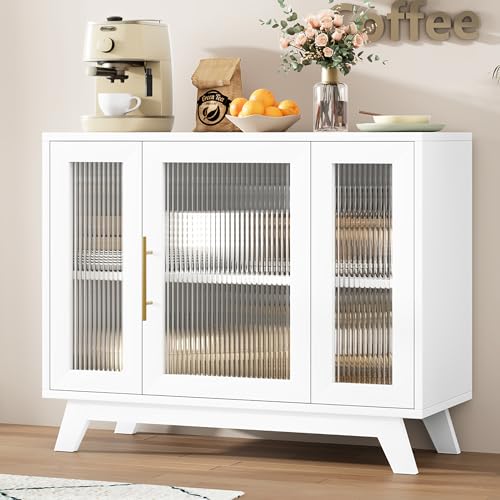 GAOMON Sideboard-Buffetschrank mit geriffelter Glastür, 91,4 cm, moderner Akzent-Aufbewahrungsschrank mit 2-stöckigem Stauraum, weißer Kaffee-Barschrank für Küche, Esszimmer, Wohnzimmer, weiße von GAOMON